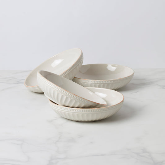 French Perle Groove White Pasta Bowls, Set of 4