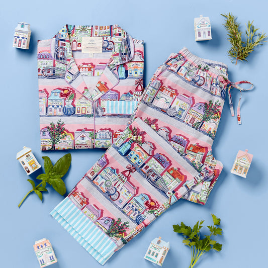 Colorful fabric with house pattern on a blue background